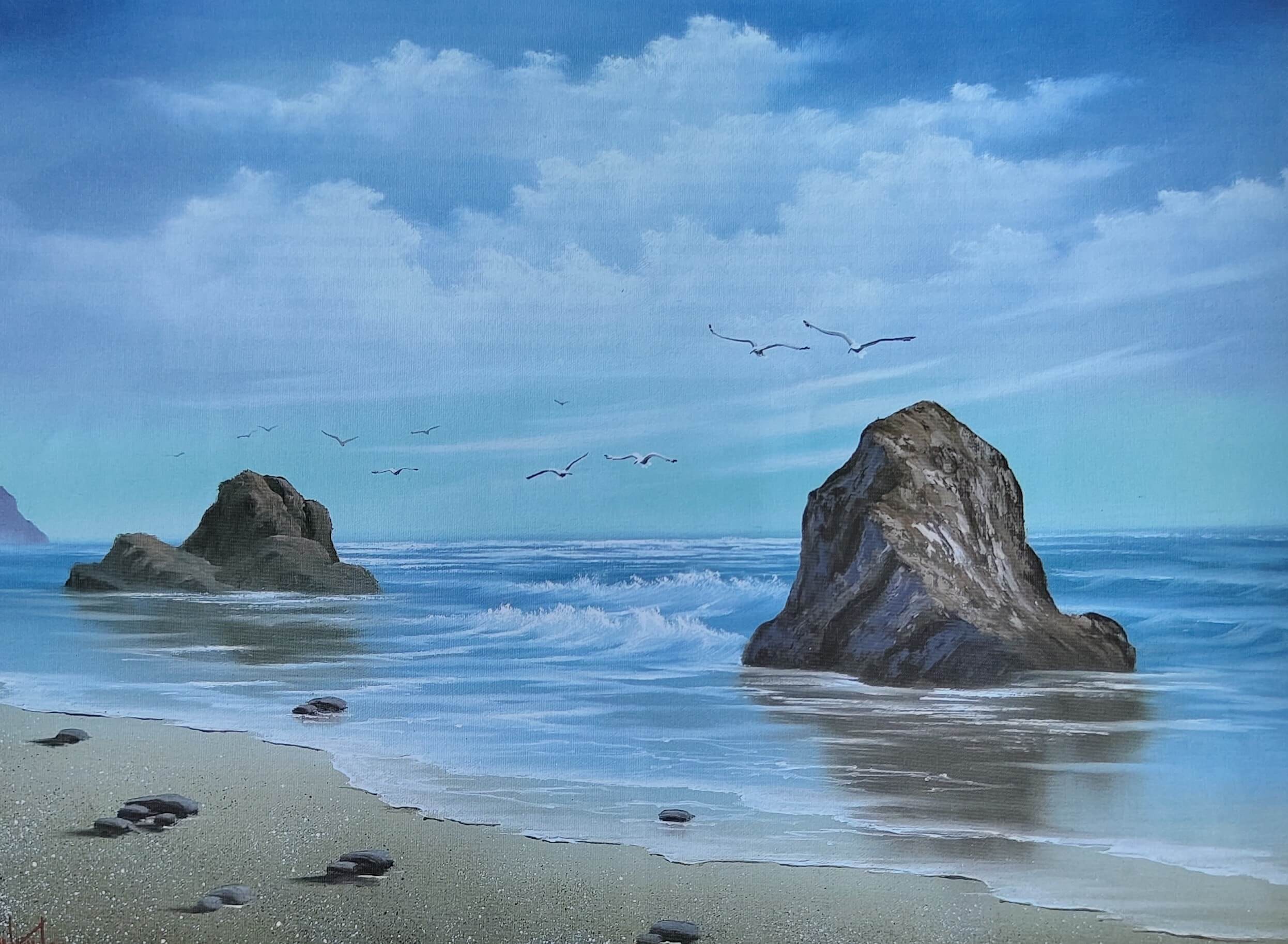 Bob Ross coastline oil painting in pastel colours